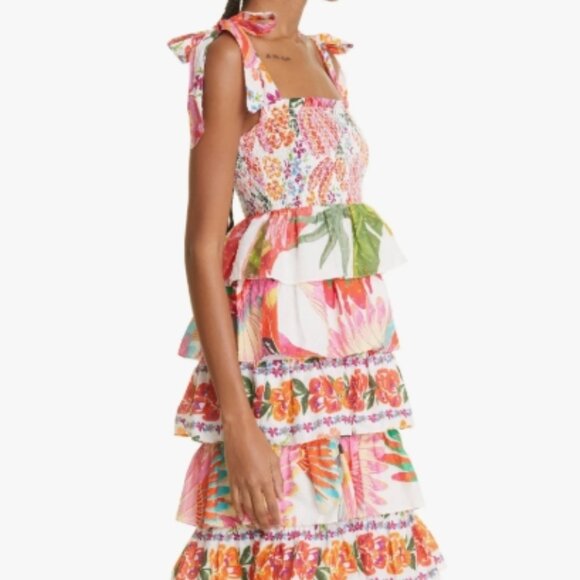 Farm Rio A-Line Dress White Floral Pleated/Ruffle Sleeveless Square Neck S $245 - Picture 4 of 10